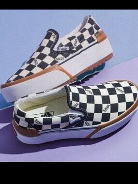 ISO Vans Checkerboard Slip-On Sneakers in Black, White & Brown